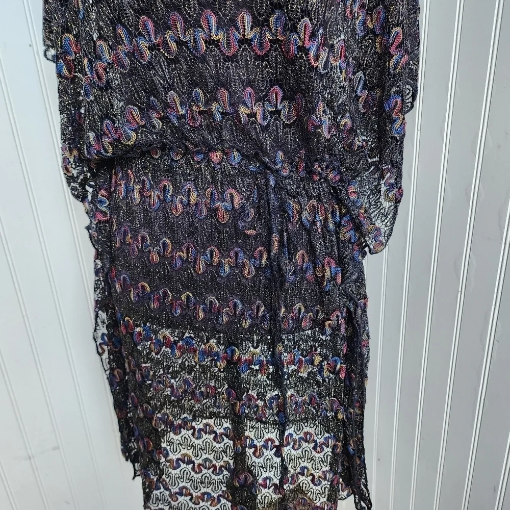 Womens Black Multi Sheer Crochet Lace  Dress Pool Coverup Strerch Drawstring M/L